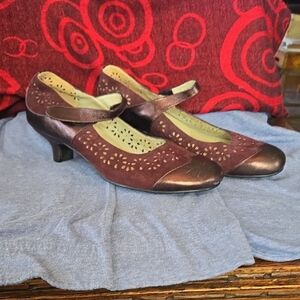Renata Donati,Burgundy Suede/Burnished Rose Leather, Mary Jane kitten heel Shoes